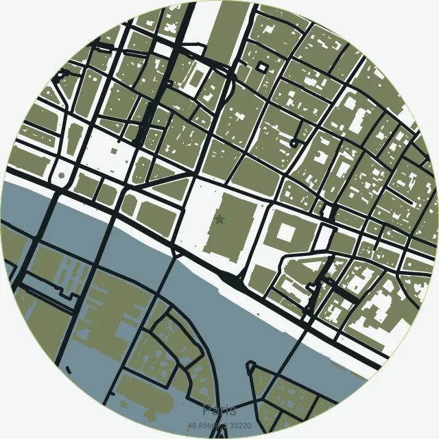Paris street map with the Seine, building footprints and road layers