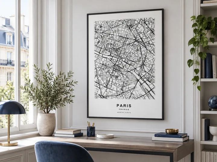 Design mockup: a map poster displayed in a study