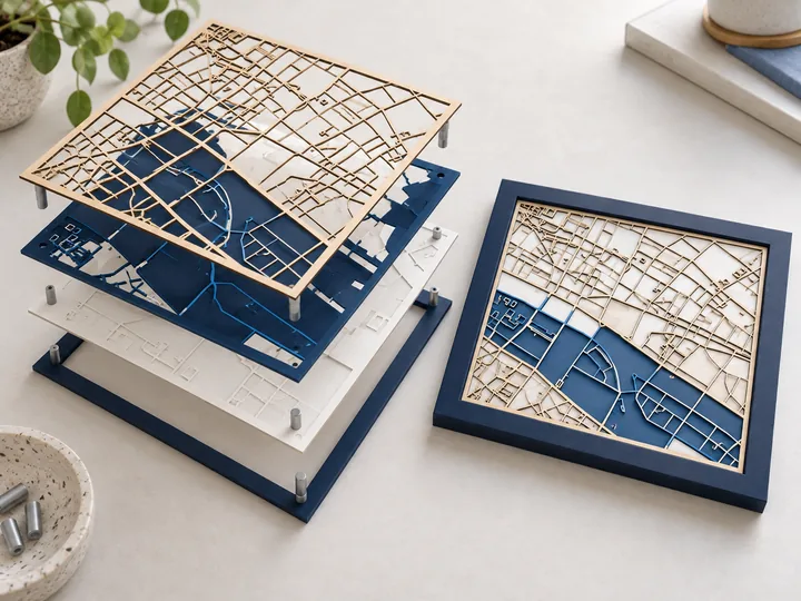 Design mockup: a layered street map assembled from cut sheets